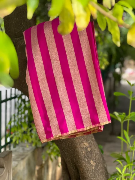 PURE BANARASI MOONGA SILK SAREE - Pure Banarasi Almond zari stripe saree Rani pink