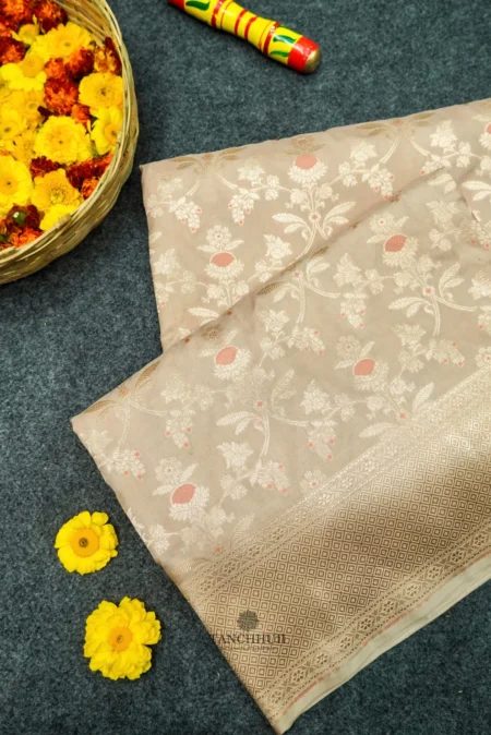 'CREAM TUSSAR' PURE KATAAN SILK ALFI JAAL BANARASI SAREE