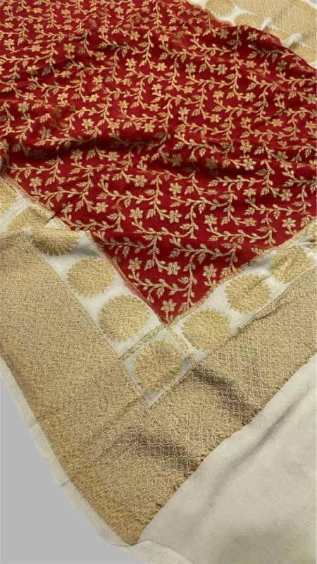 'RED AND BEIGE' PURE KHADDI GEORGETTE HANDLOOM BANARASI DUPATTA