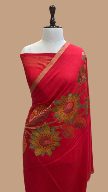 HANDWOVEN MOONGA SILK HANDPAINTED KADHUA BANARASI SAREE