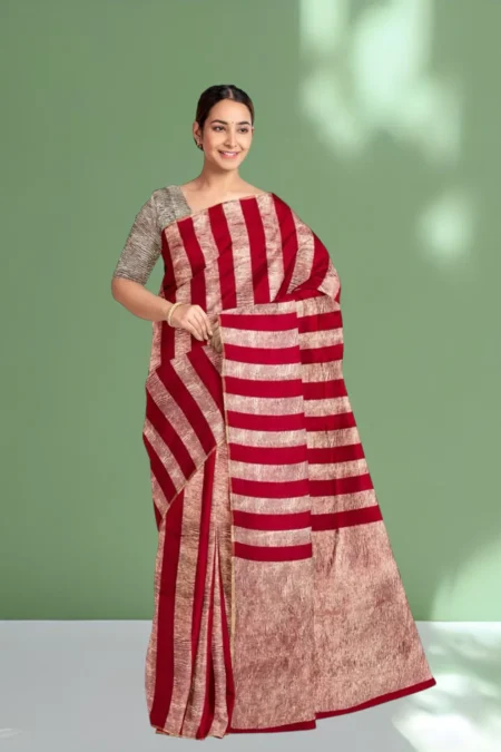 ‘CHILI RED' PURE MOONGA SILK BANARASI STRIPE SAREE