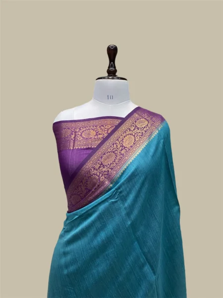 'DEEP SEA AND BRINJAL' PURE MOONGA SILK BORDER PALLU BANARASI SAREE