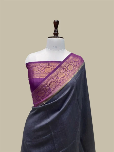 'DARK GRAY AND PURPLE' PURE MOONGA SILK BANARASI BORDER PALLU SAREE