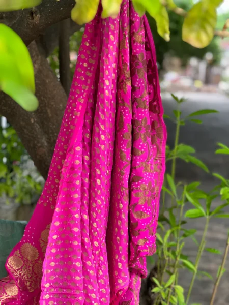 PURE BANARASI KHADDI CHIFFON BANDHANI SAREE - pure Banarasi chiffon bandhani half and half (gold/antique zari) saree