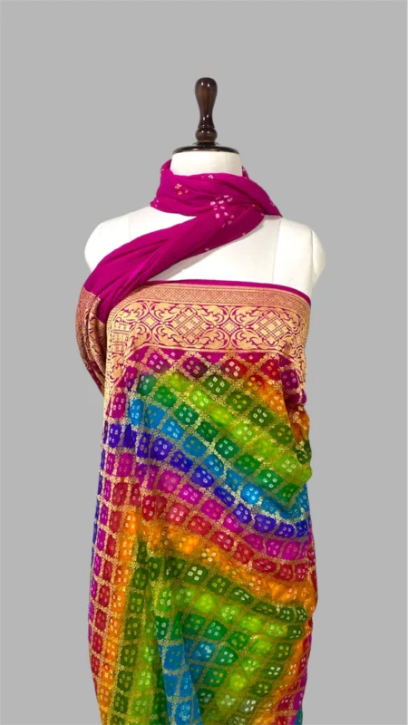 ‘RAINBOW' PURE KHADDI GEORGETTE HANDLOOM BANDHANI BANARASI SAREE