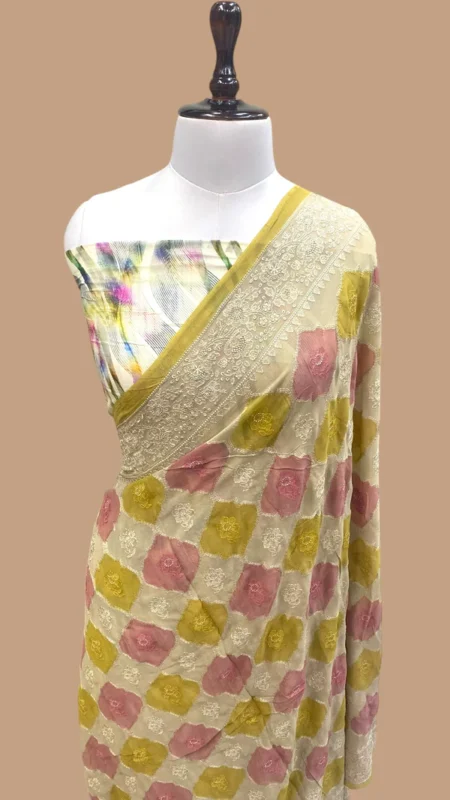 PURE VISCOSE GEORGETTE CHIKANKARI BANARASI SAREE