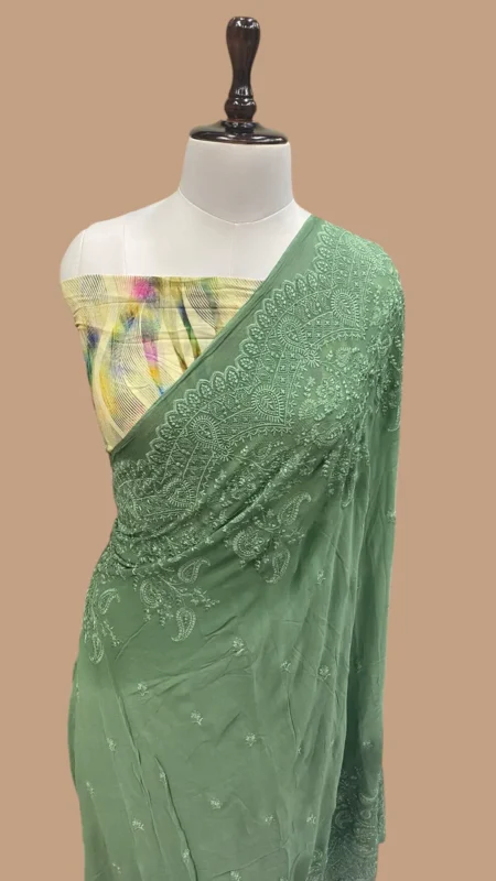 PURE VISCOSE GEORGETTE CHIKANKARI BANARASI SAREE