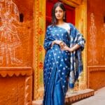 "GERMAN BLUE" HANDWOVEN MOONGA TUSSAR SILK BANARASI SAREE