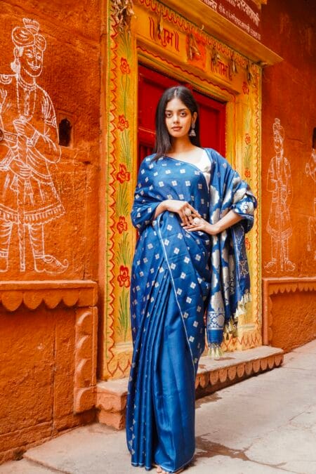 "GERMAN BLUE" HANDWOVEN MOONGA TUSSAR SILK BANARASI SAREE