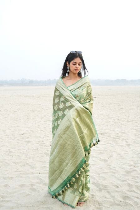 'OLIVE GREEN' PURE KORA TISSUE BANARASI SAREE