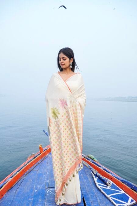 PURE BANARASI MOONGA TUSSAR SILK SAREE - Aanchal meenakari saree