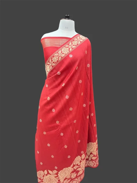 TOMATO RED PURE TUSSAR SILK BANARASI HANDWOVEN (KADHUA)SAREE