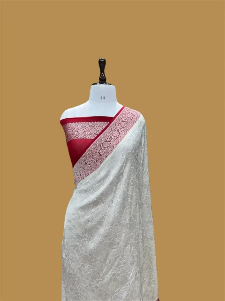 'OFF WHITE RED' PURE KHADDI CHIFFON BANARASI HANDLOON SAREE