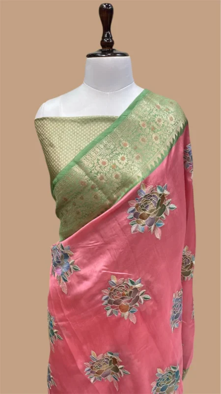 PURE MANGO SILK HANDLOOM BANARASI CHIKANKARI SAREE