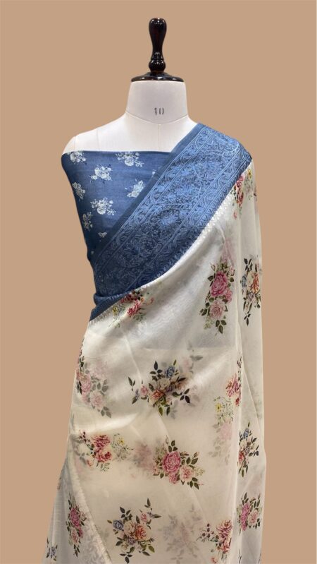 Pure organza silk chikankari  banarasi saree