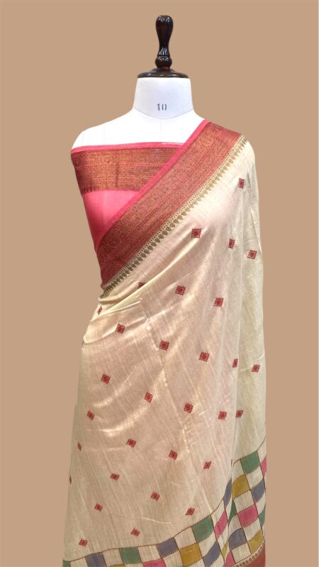 Pure moonga silk handloom banarasi handpainted rangkaat saree with chikankari