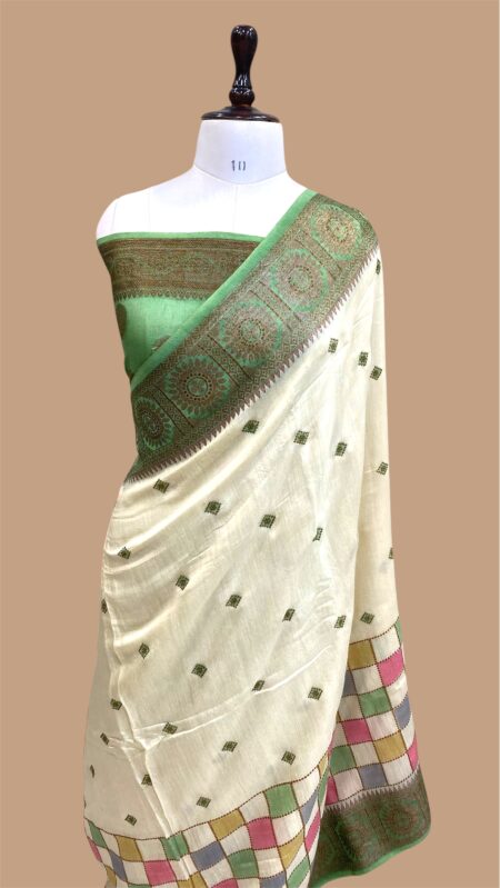 Pure moonga silk handloom banarasi handpainted rangkaat saree with chikankari