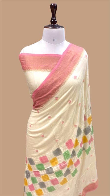 Pure moonga silk handloom banarasi chikankaari rangkaat handpainted saree