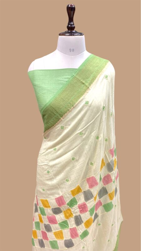 Pure moonga silk handloom banarasi chikankaari handpainted saree